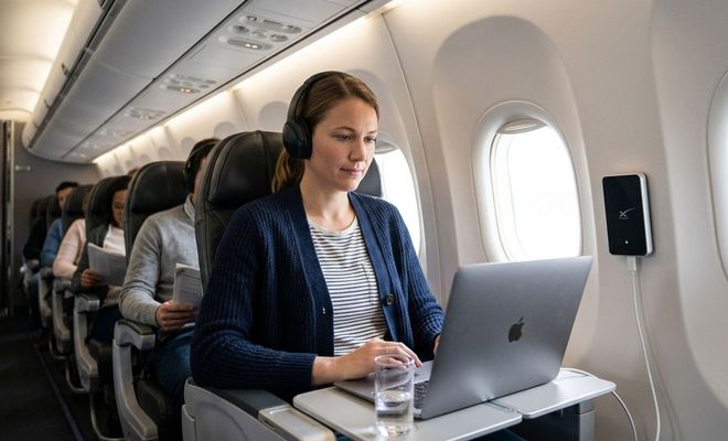 Pasajera utilizando un ordenador portátil en el asiento de un avión durante un vuelo.