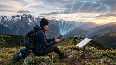 Persona en la montaña utilizando un teléfono móvil conectado a una antena de Starlink con una representación gráfica de satélites en el cielo.