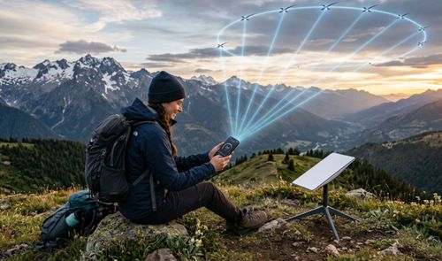 Persona en la montaña utilizando un teléfono móvil conectado a una antena de Starlink con una representación gráfica de satélites en el cielo.