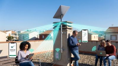 Varias personas utilizan dispositivos electrónicos en una terraza con una antena de Starlink instalada en una chimenea.