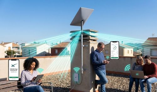 Varias personas utilizan dispositivos electrónicos en una terraza con una antena de Starlink instalada en una chimenea.