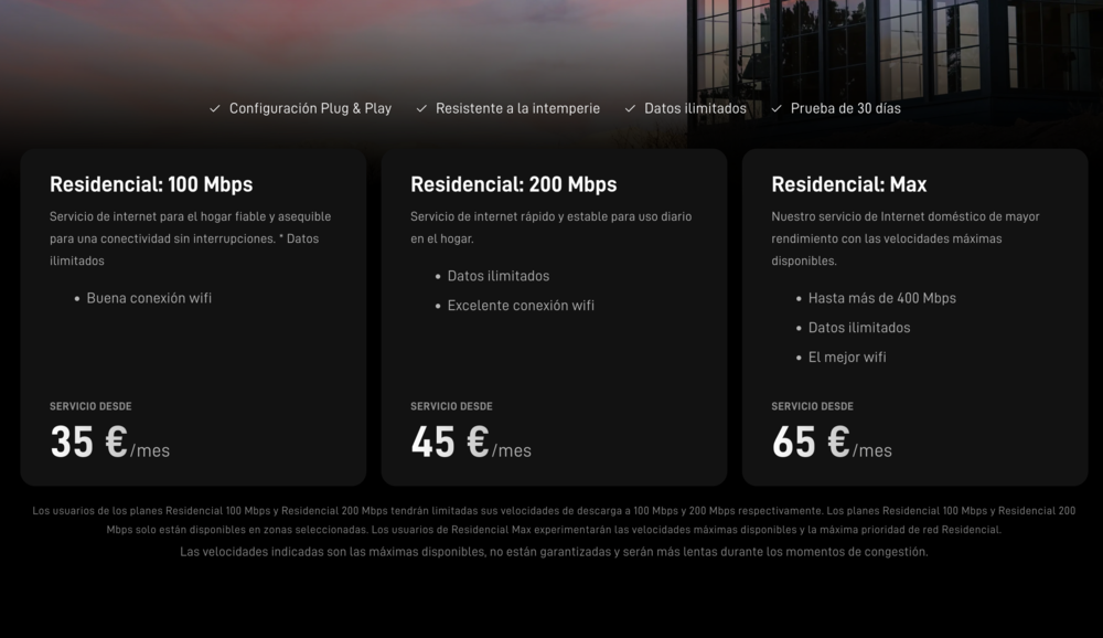 Comparativa de planes y precios de Starlink Residencial con opciones de 100 Mbps, 200 Mbps y Max.