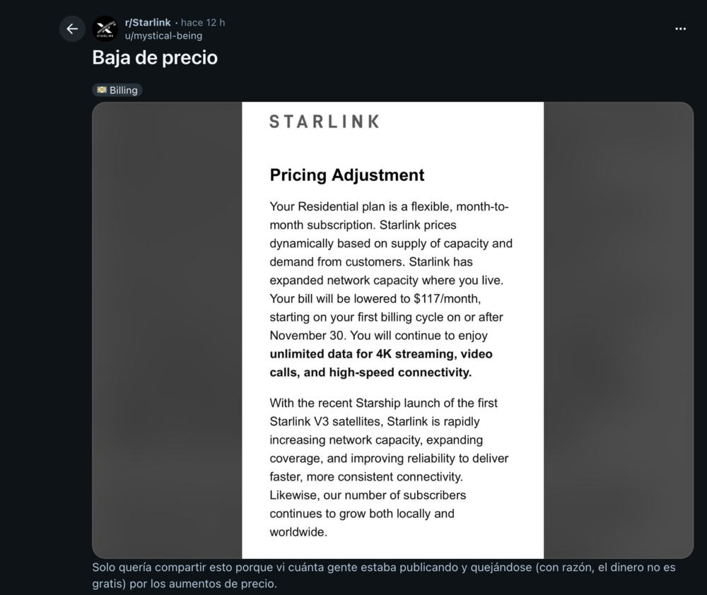 Captura de pantalla de un comunicado oficial de Starlink sobre un ajuste de precios en el plan residencial.