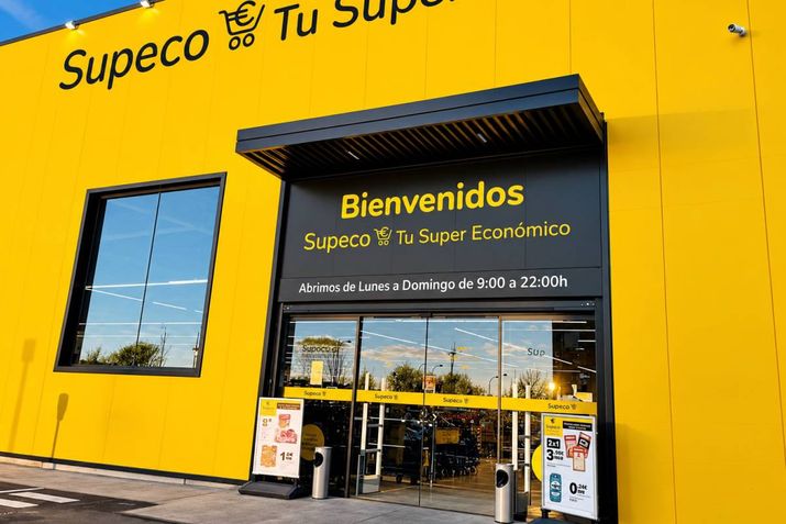 Fachada principal de un supermercado Supeco con paredes amarillas y puertas automáticas de cristal.