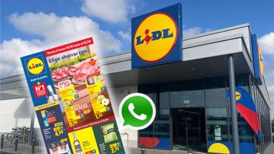Composición que muestra la entrada de un establecimiento Lidl junto a un folleto de ofertas y el icono de WhatsApp.