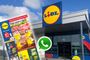 Composición que muestra la entrada de un establecimiento Lidl junto a un folleto de ofertas y el icono de WhatsApp.