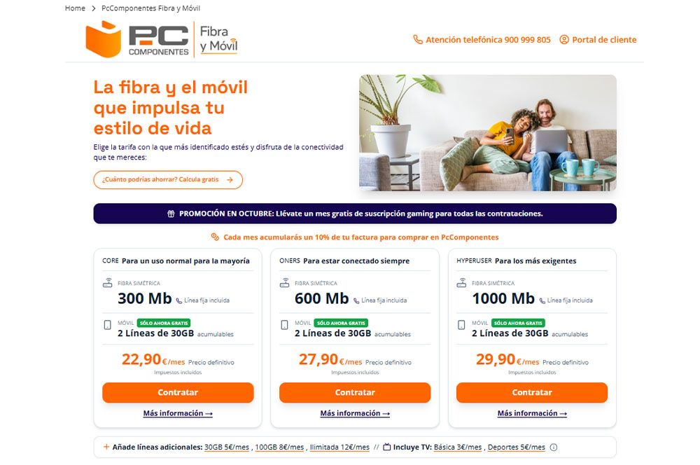 tarifas de fibra y móvil de PcComponentes