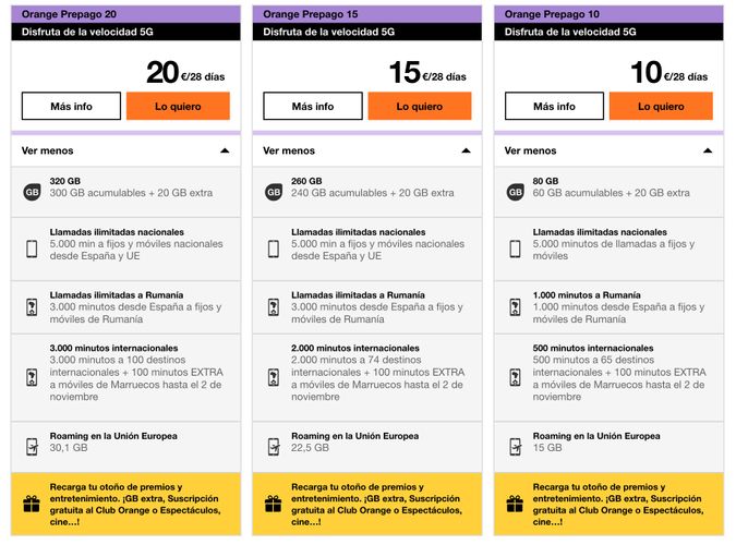 Tabla comparativa de las tarifas prepago de Orange con opciones de 10, 15 y 20 euros cada 28 días.