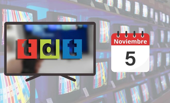 Logotipo de la TDT en una pantalla de televisor junto a un calendario con la fecha 5 de noviembre.