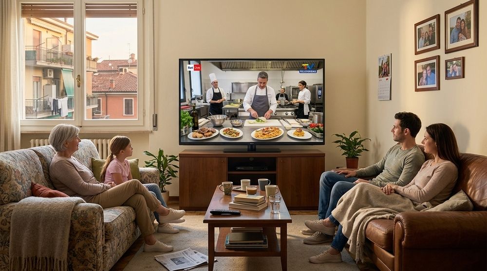 Familia sentada en el salón de casa viendo un programa de cocina en un televisor de gran formato.