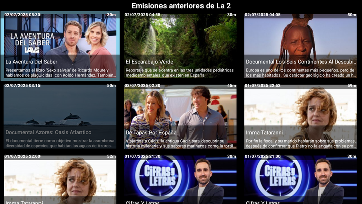 Interfaz de la aplicación TDT Spain con el listado de emisiones anteriores de La 2 de TVE.