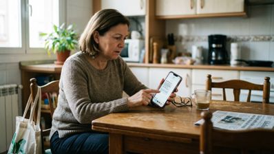 Mujer con móvil en la mano y mensaje de SMS sospechoso de fraude