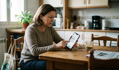 Mujer con móvil en la mano y mensaje de SMS sospechoso de fraude