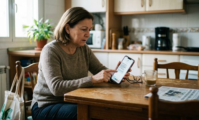 Mujer con móvil en la mano y mensaje de SMS sospechoso de fraude