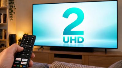 Mano sujetando un mando a distancia frente a un televisor que muestra el logotipo de La 2 UHD en pantalla.