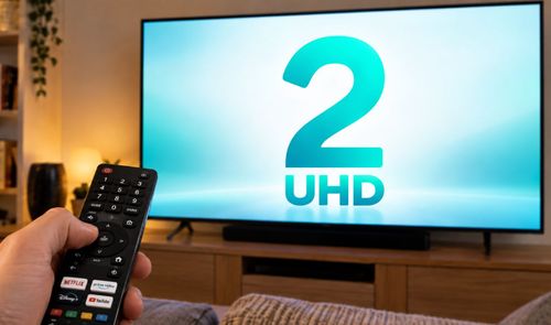 Mano sujetando un mando a distancia frente a un televisor que muestra el logotipo de La 2 UHD en pantalla.