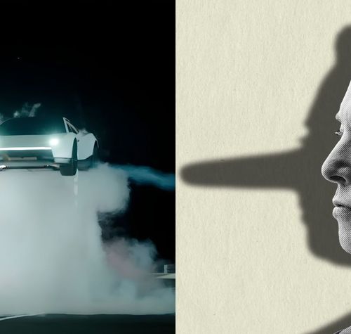 Composición que muestra a la izquierda un Tesla Roadster elevado sobre una nube de humo y a la derecha el perfil de Elon Musk con una sombra que alarga su nariz.