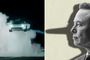 Composición que muestra a la izquierda un Tesla Roadster elevado sobre una nube de humo y a la derecha el perfil de Elon Musk con una sombra que alarga su nariz.