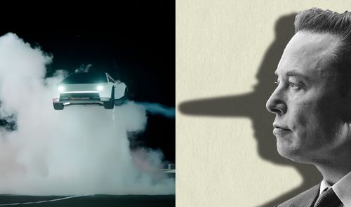 Composición que muestra a la izquierda un Tesla Roadster elevado sobre una nube de humo y a la derecha el perfil de Elon Musk con una sombra que alarga su nariz.