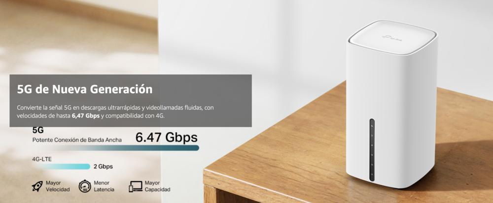 Router inalámbrico blanco TP-Link Archer sobre una mesa de madera con gráficos descriptivos de velocidad 5G.