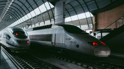 Dos trenes de alta velocidad de Renfe estacionados en una terminal ferroviaria con cubierta arqueada.