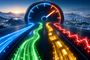 Ilustración de cuatro estelas de luz de colores azul, verde, amarillo y rojo que convergen en un velocímetro digital sobre un paisaje urbano nocturno.