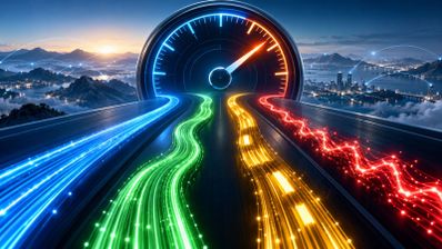 Ilustración de cuatro estelas de luz de colores azul, verde, amarillo y rojo que convergen en un velocímetro digital sobre un paisaje urbano nocturno.
