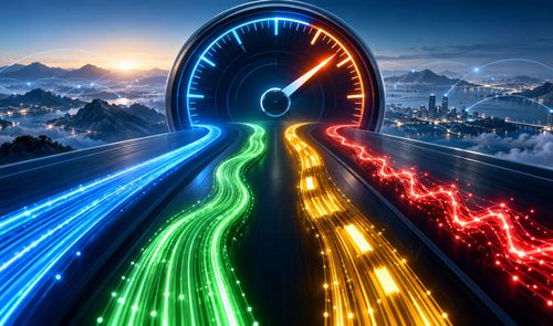Ilustración de cuatro estelas de luz de colores azul, verde, amarillo y rojo que convergen en un velocímetro digital sobre un paisaje urbano nocturno.