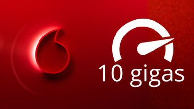 Logotipo de Vodafone junto a un icono de velocímetro y el texto 10 gigas sobre fondo rojo.