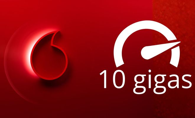 Logotipo de Vodafone junto a un icono de velocímetro y el texto 10 gigas sobre fondo rojo.
