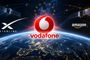 Logotipos de Vodafone, Starlink y Amazon sobre una vista satelital de la Tierra y el mapa de Europa.