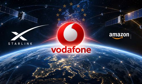 Logotipos de Vodafone, Starlink y Amazon sobre una vista satelital de la Tierra y el mapa de Europa.