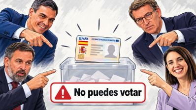 Ilustración de líderes políticos españoles señalando una urna con un DNI y un aviso de prohibición de voto.