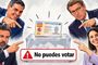 Ilustración de líderes políticos españoles señalando una urna con un DNI y un aviso de prohibición de voto.