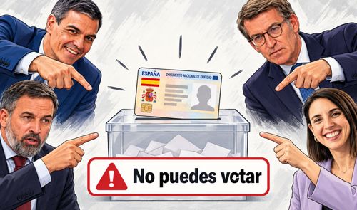 Ilustración de líderes políticos españoles señalando una urna con un DNI y un aviso de prohibición de voto.
