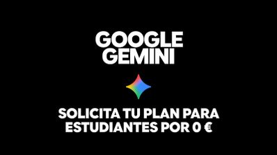 Anuncio de Google Gemini con oferta de plan para estudiantes por 0 euros sobre fondo negro.