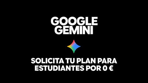 Anuncio de Google Gemini con oferta de plan para estudiantes por 0 euros sobre fondo negro.