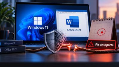 Pantalla de portátil mostrando logotipos de Windows 11 y Office 2021 junto a un escudo de seguridad rompiéndose y un aviso de fin de soporte.