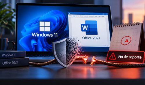 Pantalla de portátil mostrando logotipos de Windows 11 y Office 2021 junto a un escudo de seguridad rompiéndose y un aviso de fin de soporte.