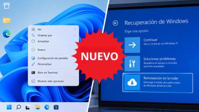 Interfaz de escritorio y menú de recuperación de Windows 11 con opción de reinstalación en la nube.