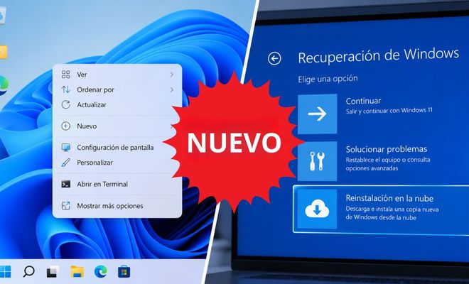 Interfaz de escritorio y menú de recuperación de Windows 11 con opción de reinstalación en la nube.