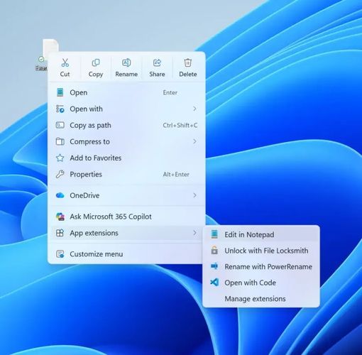 Menú contextual de Windows 11 desplegado sobre el escritorio con la opción Customize menu visible.