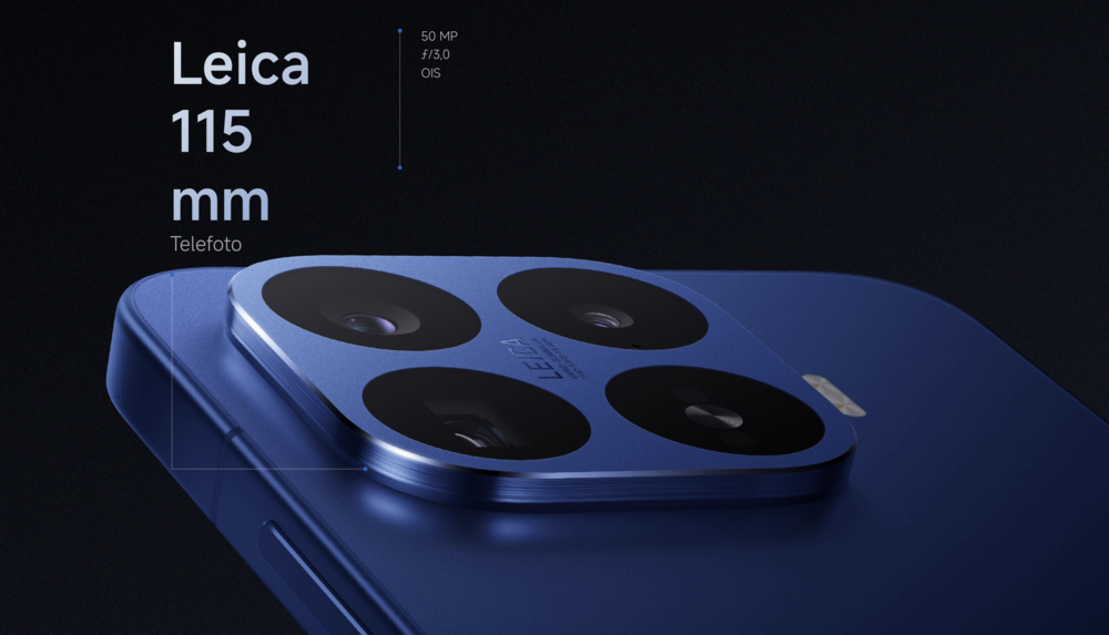 Detalle del módulo de cámaras traseras de un smartphone azul con cuatro lentes y sello Leica.