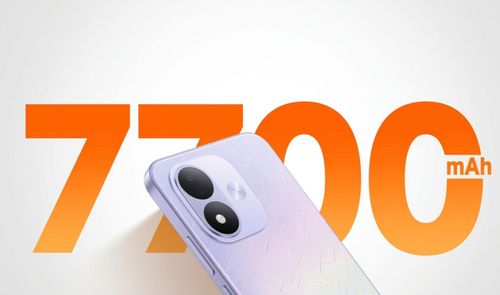 Parte superior trasera de un teléfono móvil color lavanda con dos lentes de cámara sobre fondo con cifra 7700 mAh en naranja.