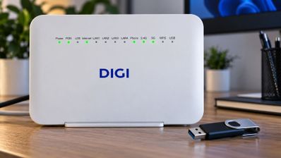 Router ZTE F6705 de Digi con indicadores LED verdes encendidos sobre una mesa de madera.