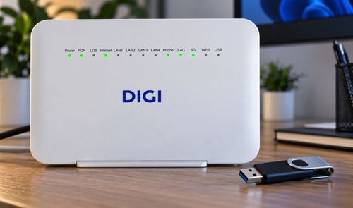 Router ZTE F6705 de Digi con indicadores LED verdes encendidos sobre una mesa de madera.