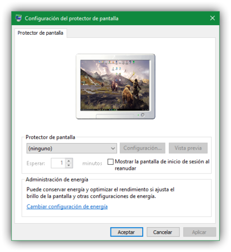 Propiedades de protector de pantalla Windows 10