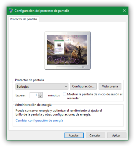 Protector de pantalla en Windows 10