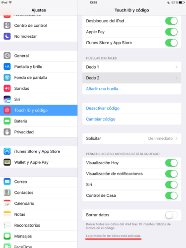 Huella y bloqueo de iPhone iPad iOS activado
