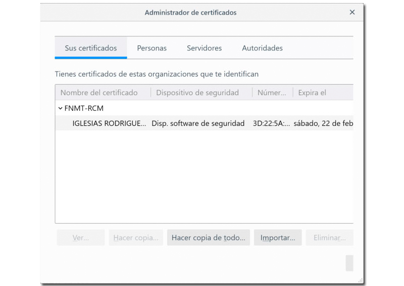 Vista de los certificados instalados en Firefox